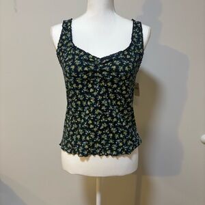 Floral Lace Cami Tank Boho Cottagecore Ribbed Stretch Lettuce Hem Womens L